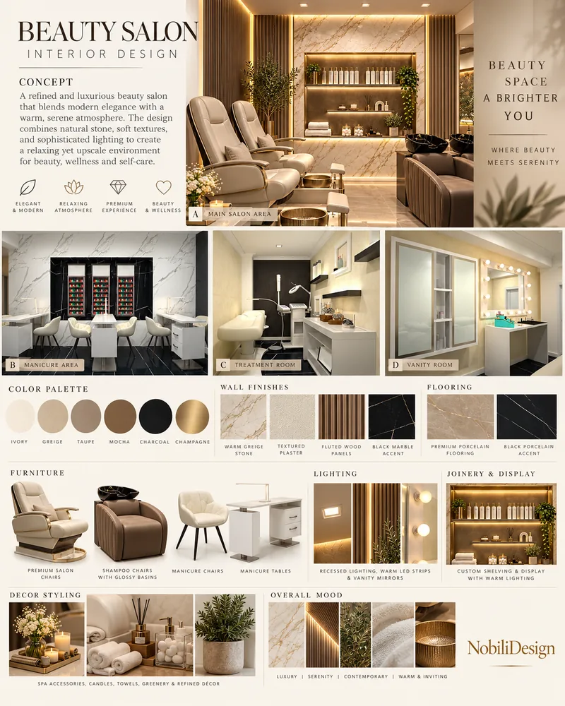Plansa de concept pentru salon cu fotolii de pedichiura, manichiura, cabinete, piatra, tencuiala si mostre de lemn riflat
