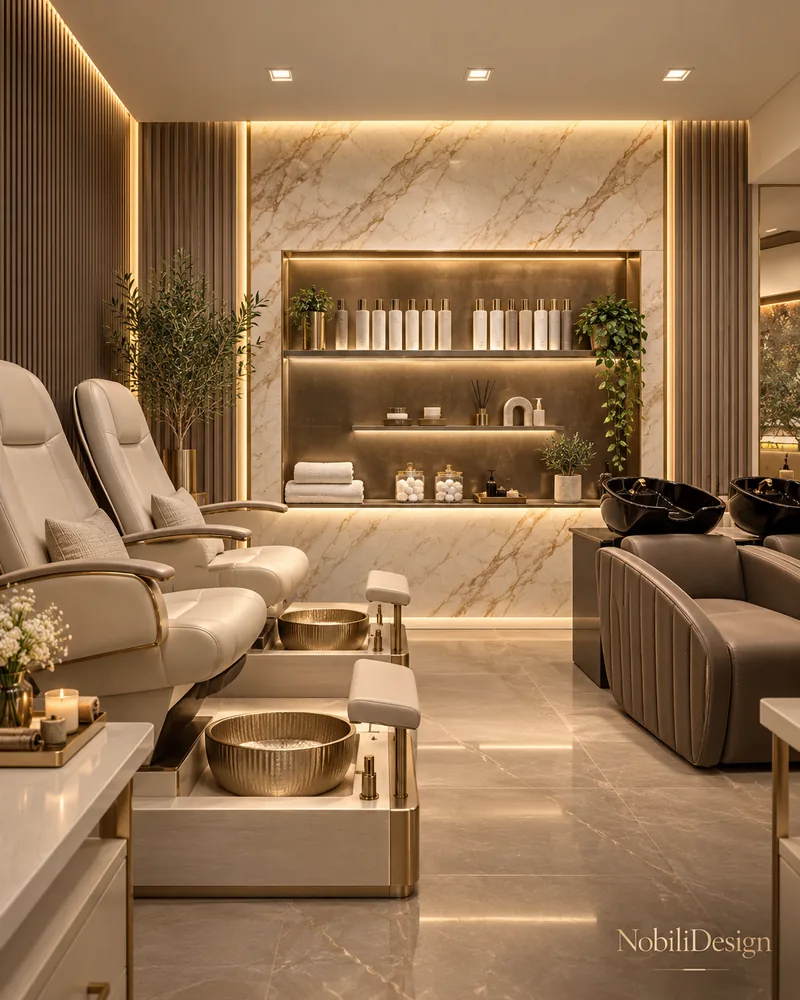 Zona de pedichiura cu fotolii spa crem, cuve aurii ciocanite pentru picioare, nisa luminata in marmura si scaune taupe