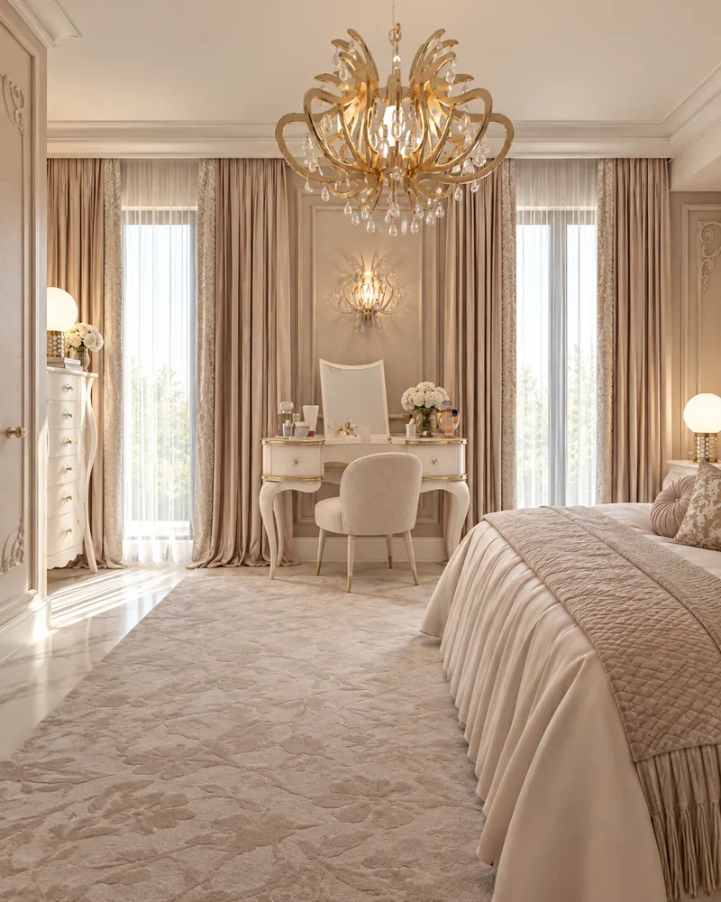 Masuta de toaleta intre doua ferestre inalte cu draperii roz pudrat, comoda alba si covor cu model floral in relief