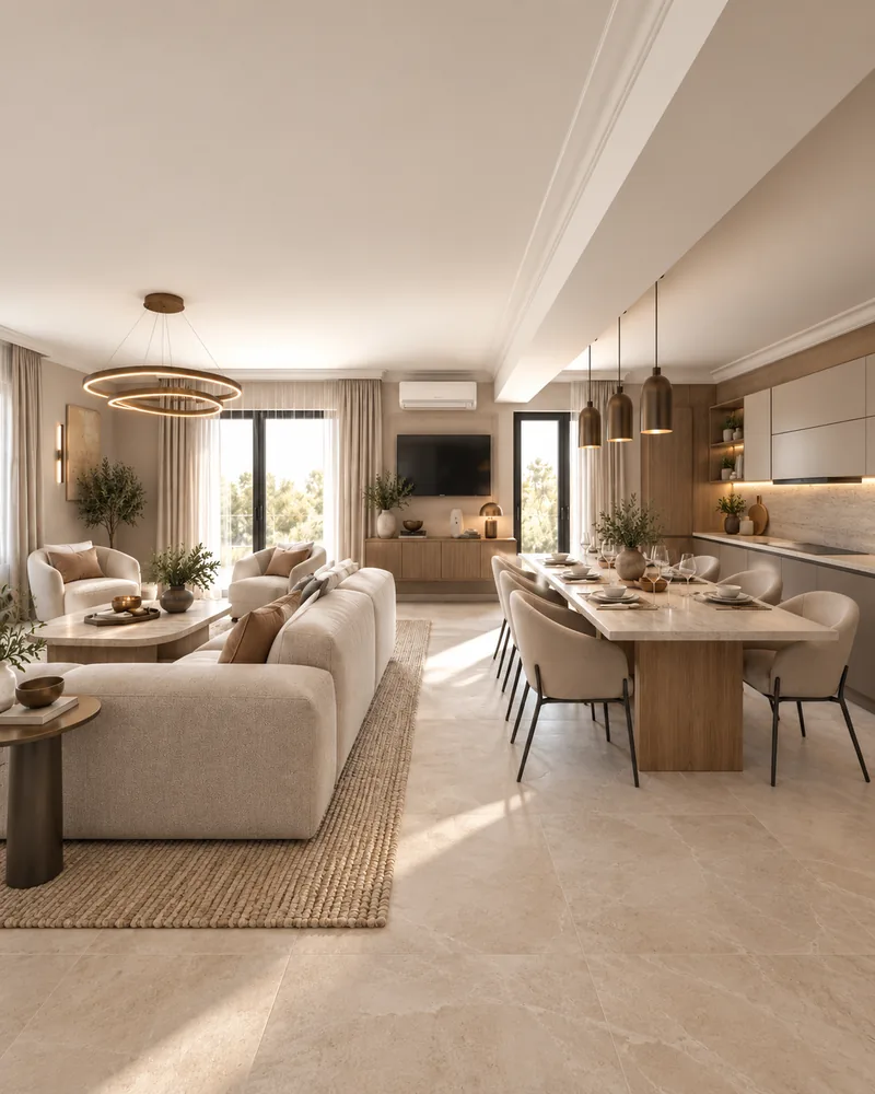 Living open space cu dining, canapea boucle, pendul cu inel auriu, masa cu blat din piatra si bucatarie greige