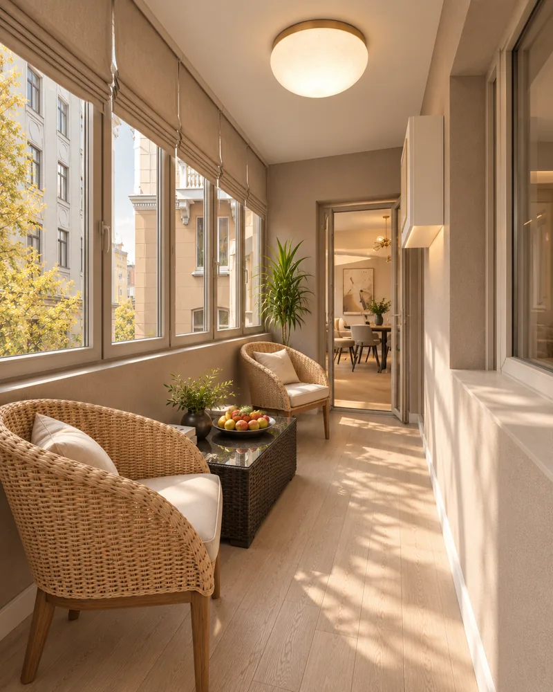 Balcon inchis cu doua fotolii din ratan, masuta laterala din rachita, jaluzele romane si usa vitrata spre dining