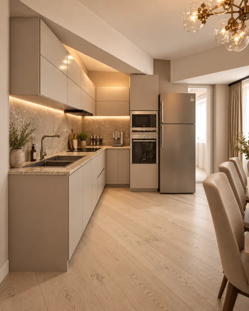 Bucatarie cu fronturi greige fara manere, placare din piatra luminata, cuptor si microunde incorporate si frigider inox