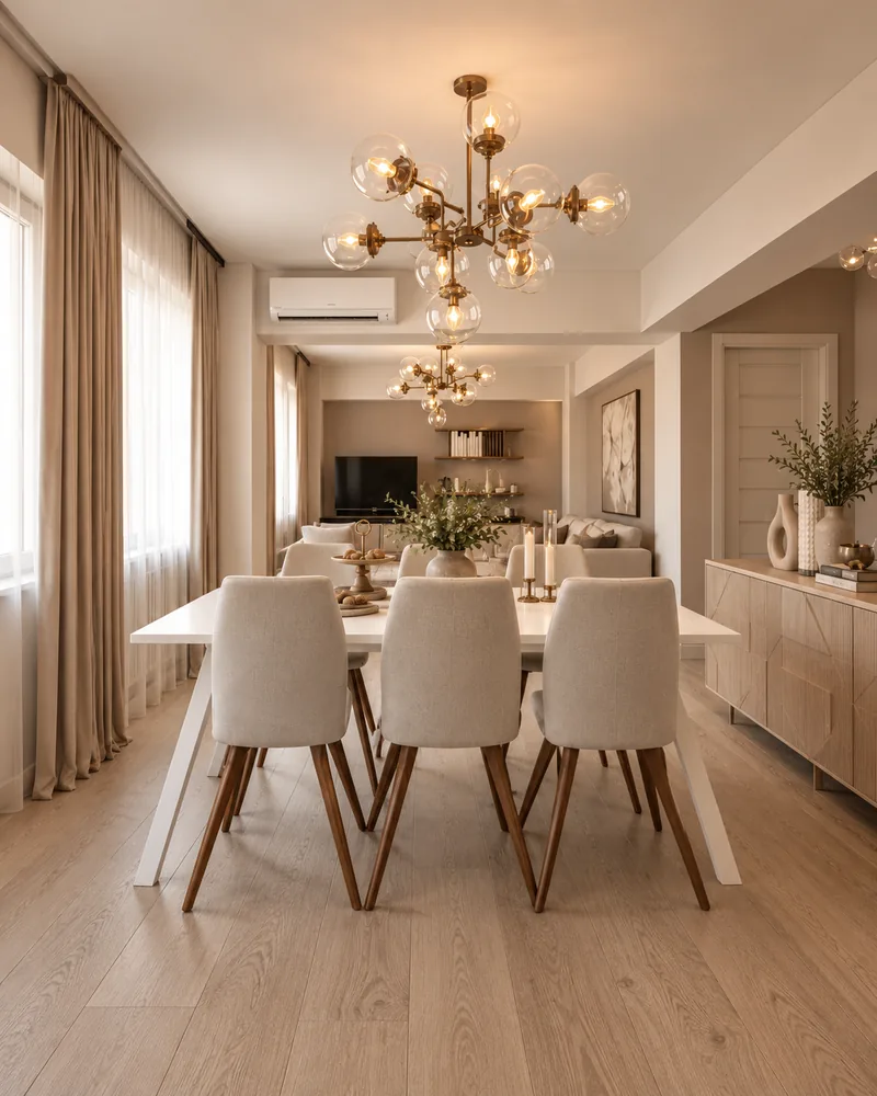 Zona de dining cu masa alba pentru sase, scaune tapitate, doua candelabre cu globuri din sticla si vedere spre living