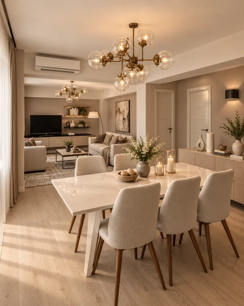 Zona de dining cu masa alba cu aspect de piatra, scaune bej pe picioare din nuc, candelabru glob si bufet din stejar