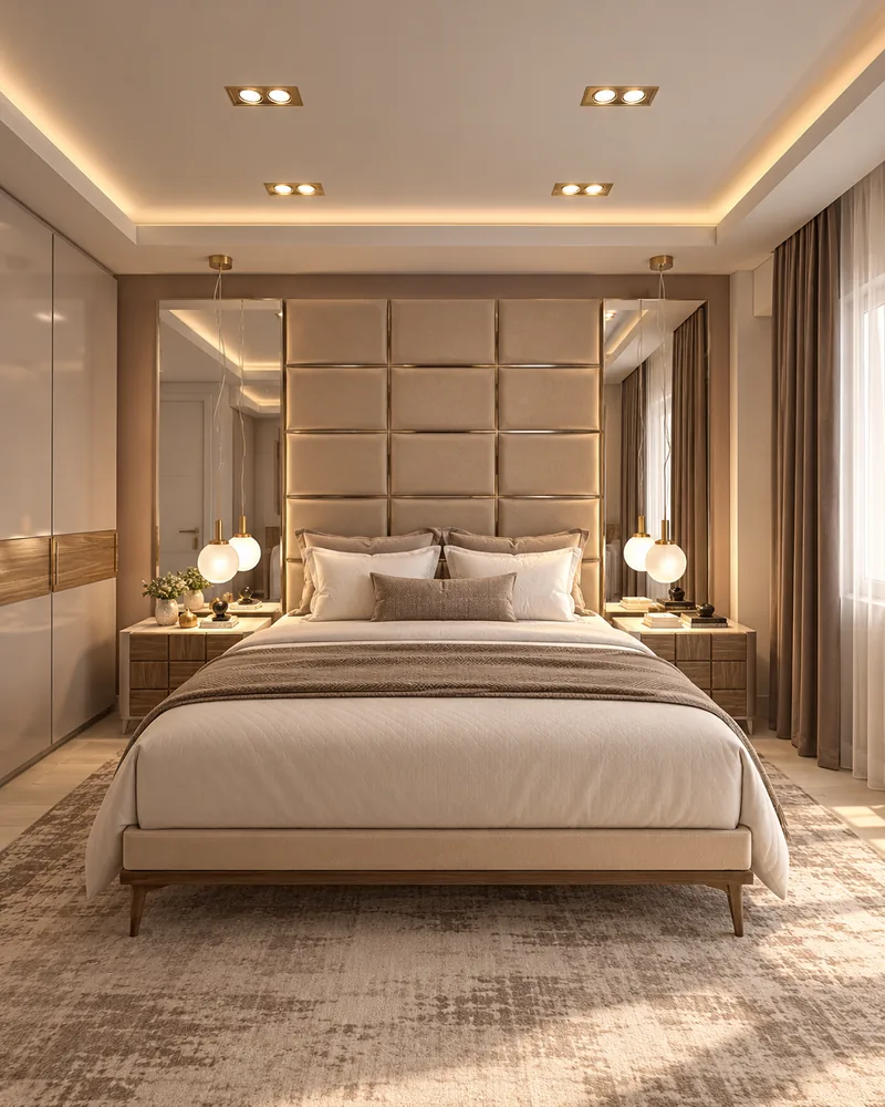 Dormitor matrimonial vazut frontal, cu perete tablie tapitat bordat cu alama, doua pendule glob si covor taupe abstract