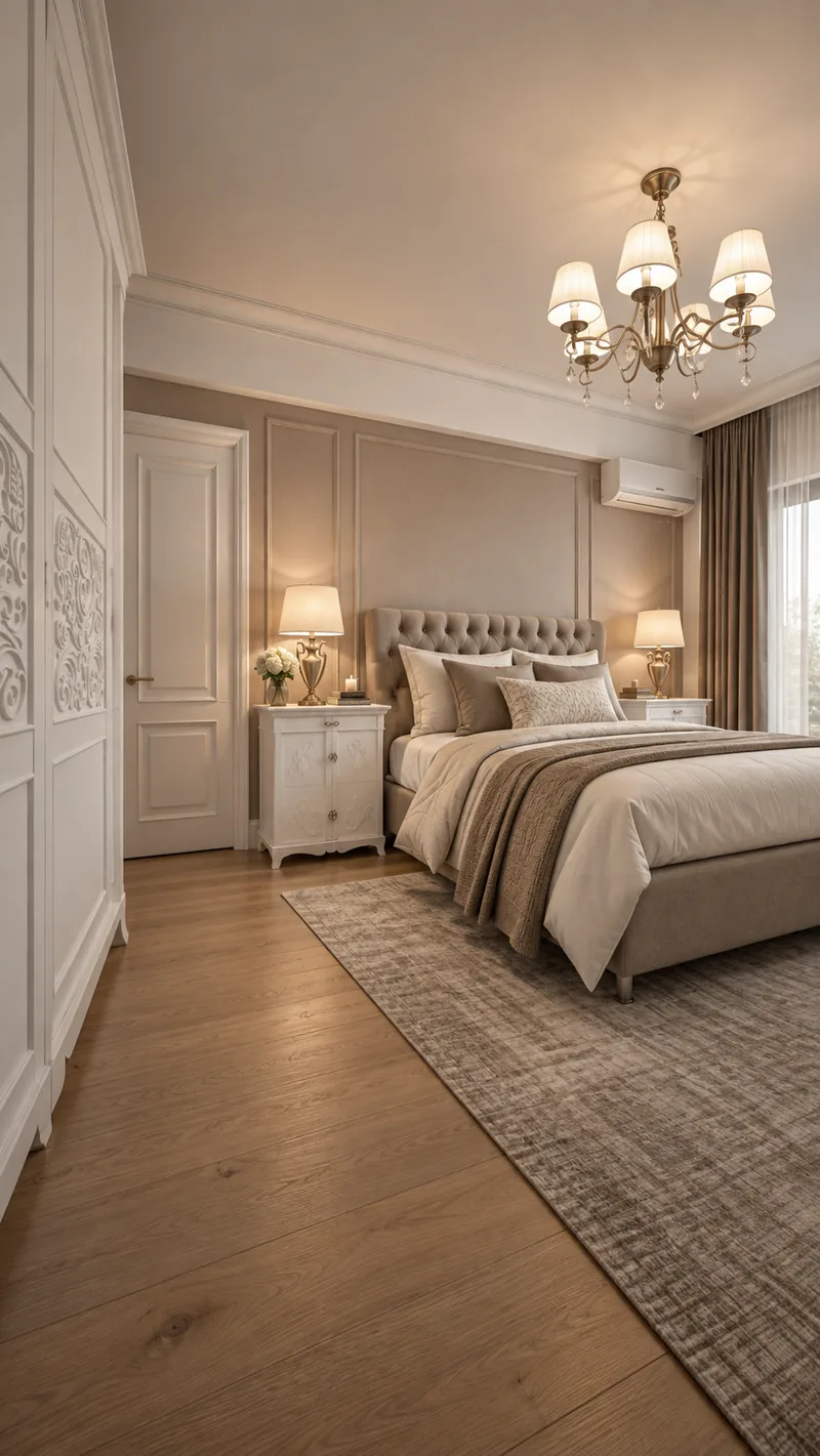 Dormitor matrimonial cu pat capitonat taupe, noptiere albe sculptate, veioze din alama si covor gri texturat