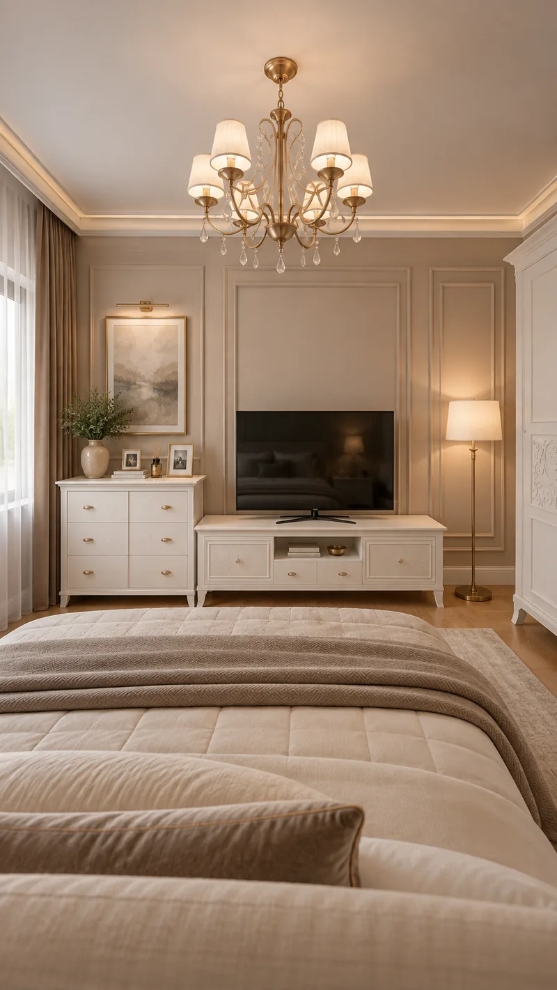 Peretele TV din dormitorul matrimonial cu comoda alba, consola alba, panouri taupe cu baghete si candelabru de cristal