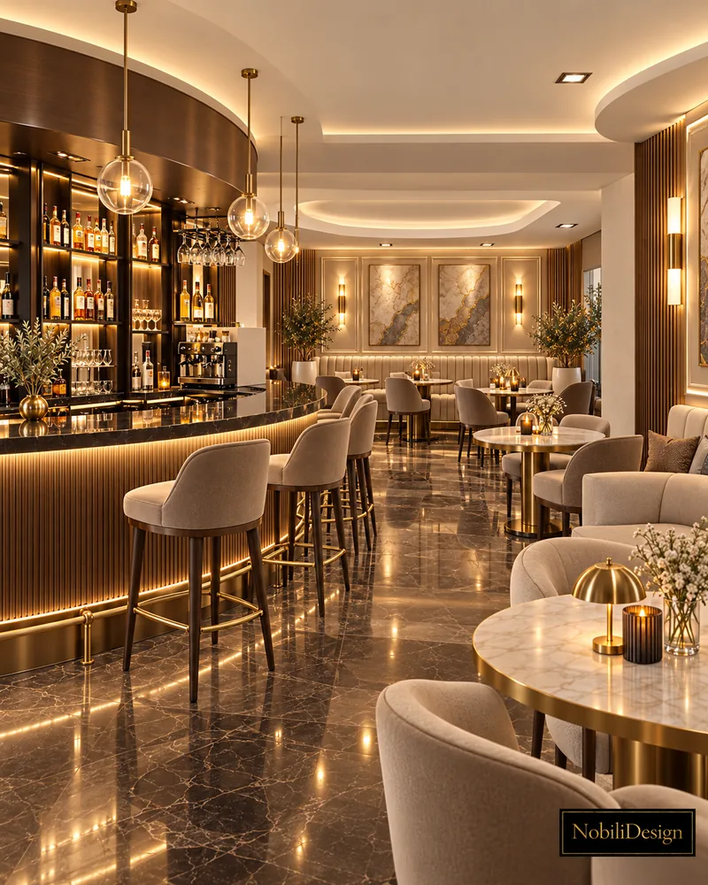 Cafenea-bar cu bar curbat din nuc, front riflat din bronz, rafturi de sticle retroiluminate, pendule glob si scaune inalte