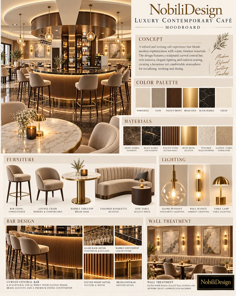 Moodboard pentru cafenea cu bar central curbat, nuc riflat, marmura neagra si maro, pendule glob si banchete