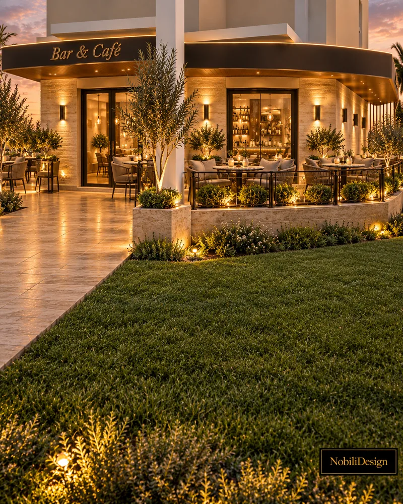Terasa de colt cu gazon in fata, jardiniere din travertin, balustrade din bronz, usi vitrate la intrare si fascia inchisa