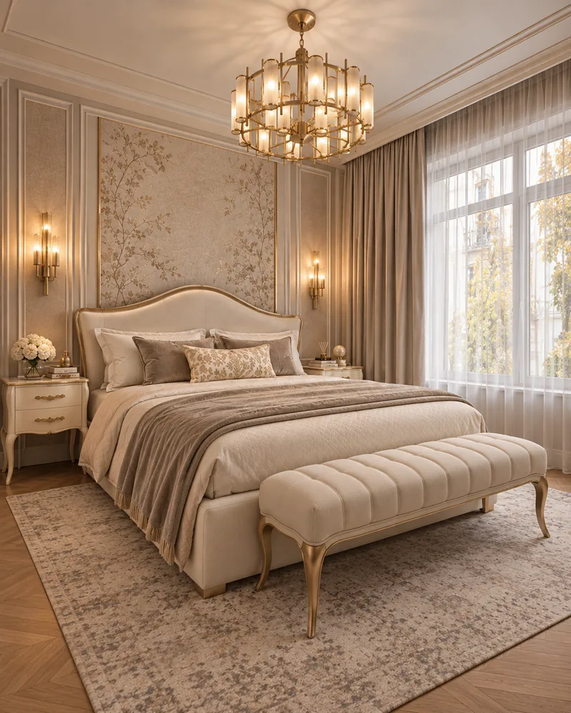 Dormitor matrimonial cu pat tapitat curbat, banca capitonata, panou cu tapet botanic si candelabru din alama si sticla