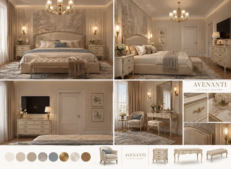 Colaj moodboard pentru dormitor cu perete cu peisaj pictat, pat tapitat, banca, masuta cu oglinda si mostre de culoare