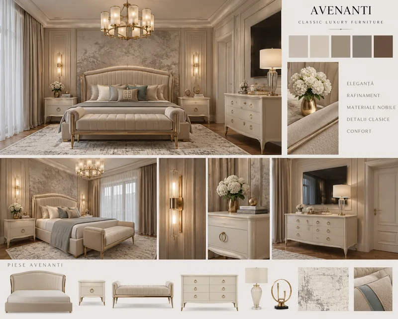 Moodboard pentru dormitor cu candelabru de cristal, perete pictat, banca capitonata, comoda ivoire si decupaje de mobilier