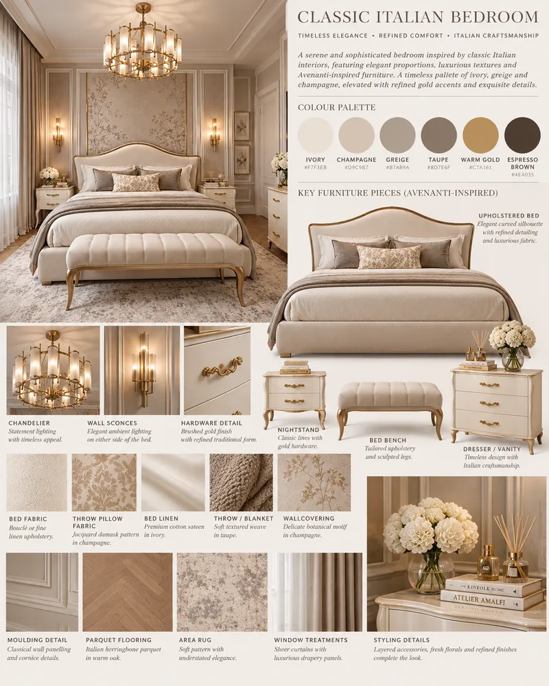 Moodboard pentru dormitor in ivoire, greige si sampanie cu pat tapitat, banca, noptiera, comoda si textile