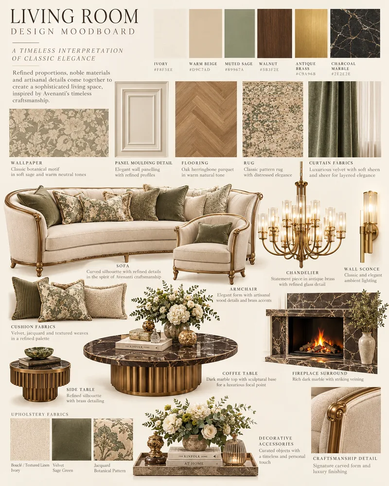 Moodboard pentru living cu canapea curbata, perne salvie, masuta din marmura inchisa, rama de semineu si parchet
