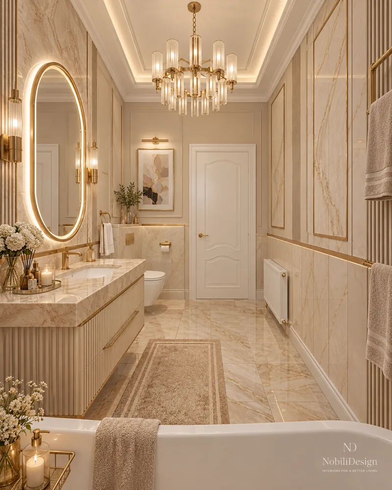 Baie la parter cu mobilier riflat cu blat din marmura, oglinda ovala luminata, vas WC suspendat si candelabru de cristal