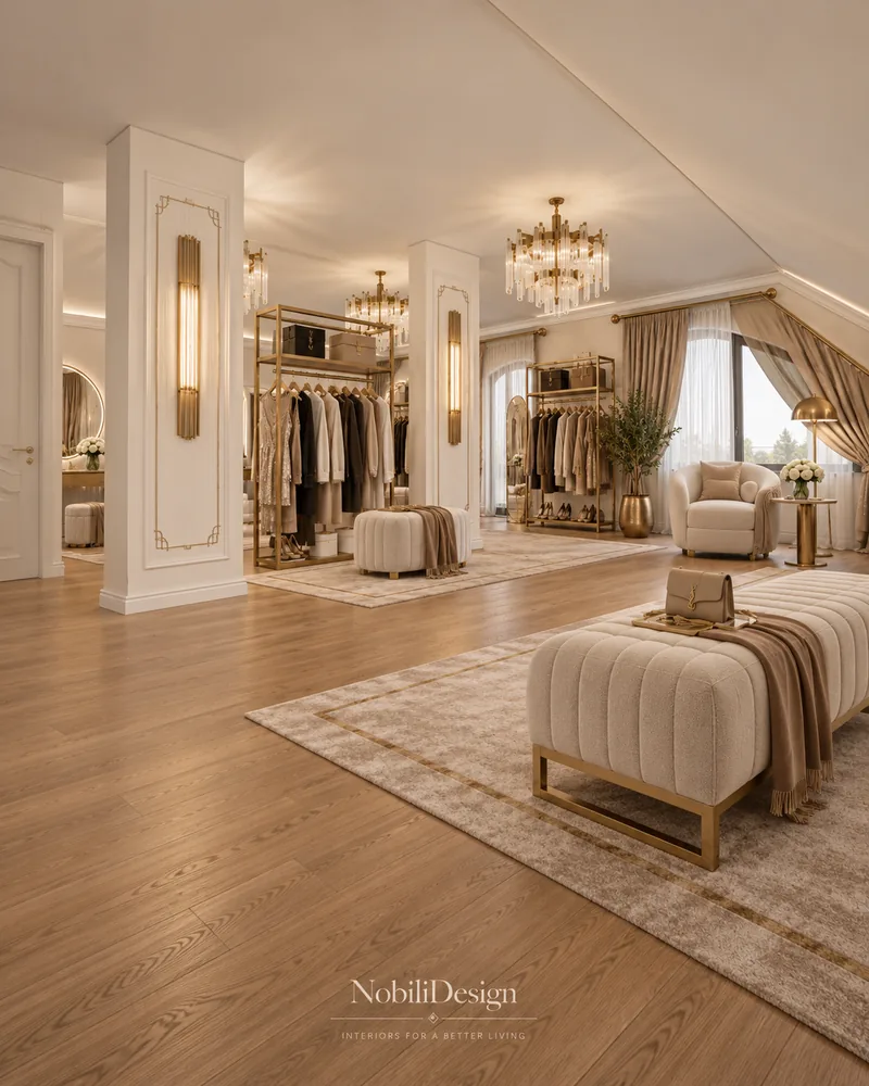 Dressing la mansarda cu bare deschise din alama pentru haine, candelabre de cristal, banca capitonata si fotoliu curbat