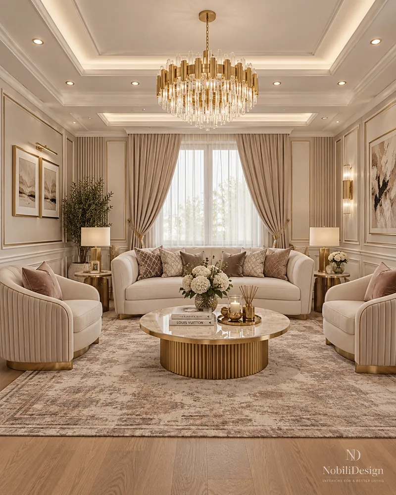 Living cu canapea crem, doua fotolii cu spatar in canale, masa rotunda din marmura pe baza aurie riflata si candelabru