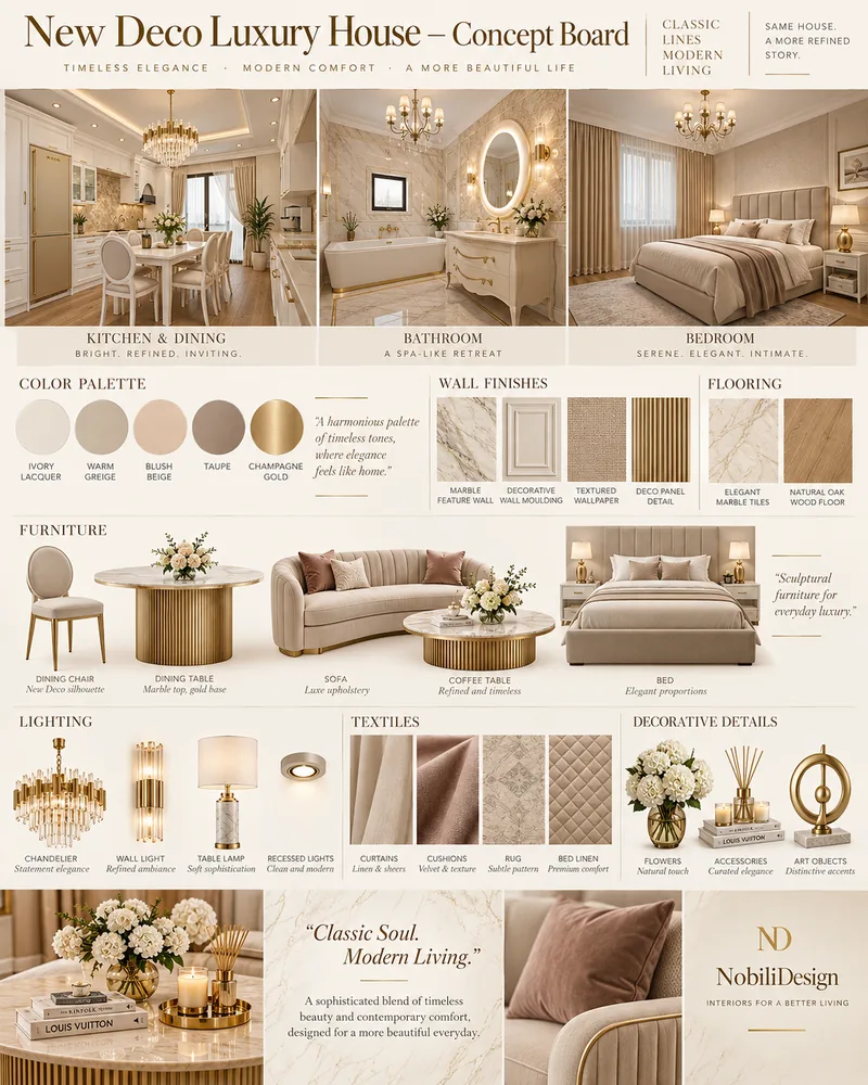 Plansa de concept pentru casa cu referinte de bucatarie, baie si dormitor, paleta roz pudrat si auriu si mobilier