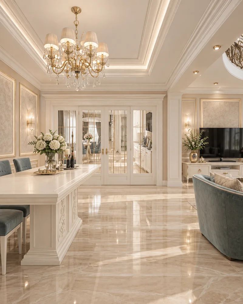 Zona de dining cu masa lunga ivoire sculptata, scaune gri-albastrui, candelabru de cristal si usi vitrate spre bucatarie