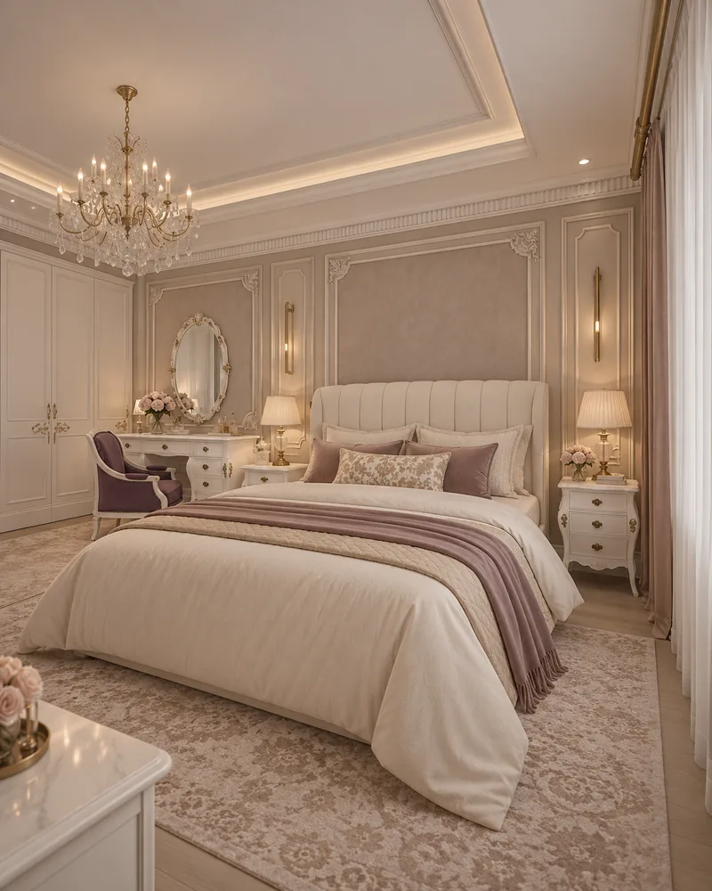Dormitor matrimonial cu pat ivoire capitonat in canale, pled din catifea mov, noptiere albe bombate si candelabru