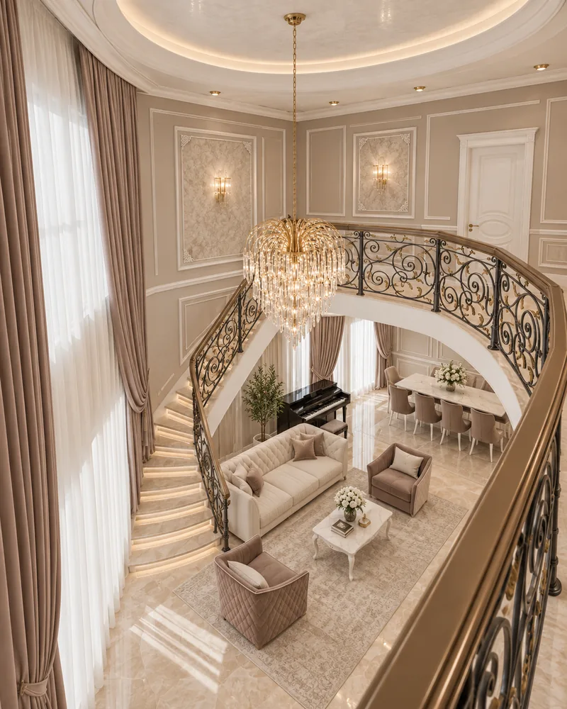 Galeria de la etaj deasupra livingului cu dubla inaltime, cu scara curba, candelabru de cristal, pian si masa de dining
