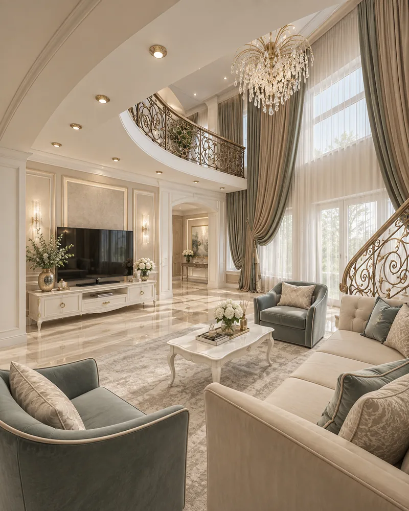 Living cu comoda TV ivoire, balcon curbat al galeriei, draperii salvie pe toata inaltimea si candelabru de cristal