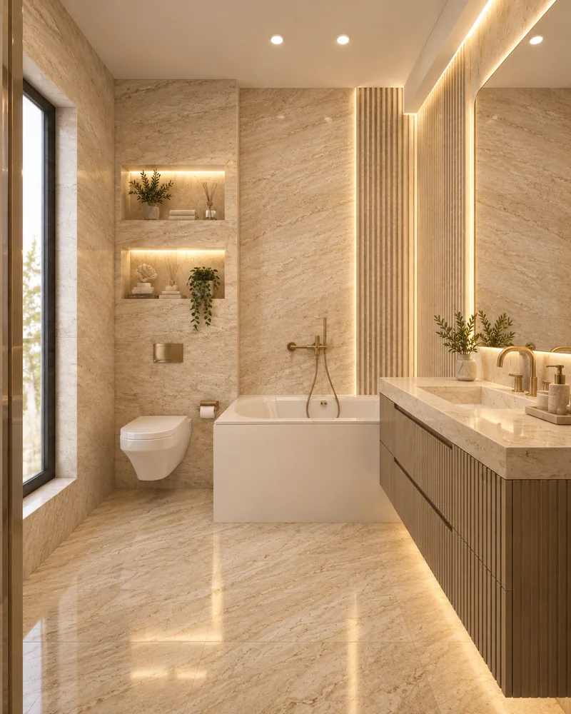 Baie cu cada incastrata, nise de perete luminate, vas WC suspendat si mobilier suspendat riflat in tonuri de piatra
