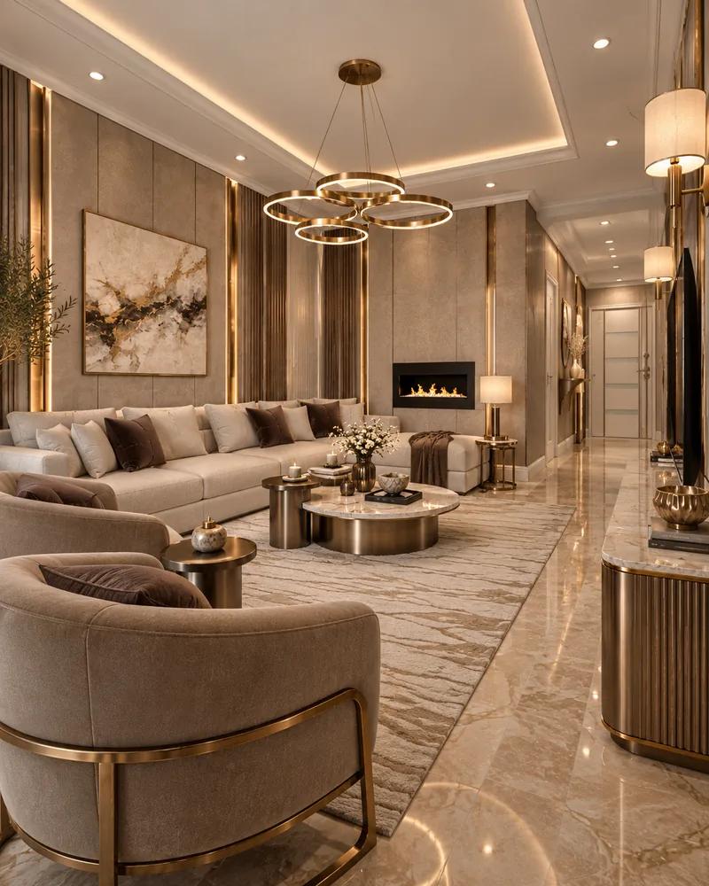 Living vazut dintr-un fotoliu curbat, cu coltar ivoire, peretele semineului si candelabru cu inele din bronz