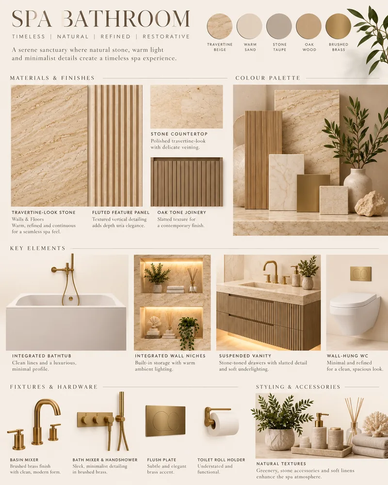 Plansa pentru baia spa cu piatra cu aspect de travertin, panou riflat, tamplarie in nuanta de stejar si nise luminate