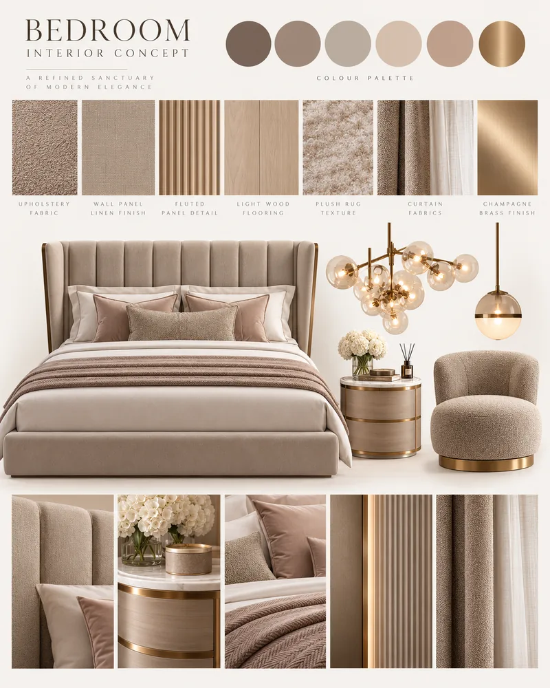 Plansa de concept pentru dormitor cu pat capitonat in canale, fotoliu boucle rotativ, candelabru cu bule si mostre textile