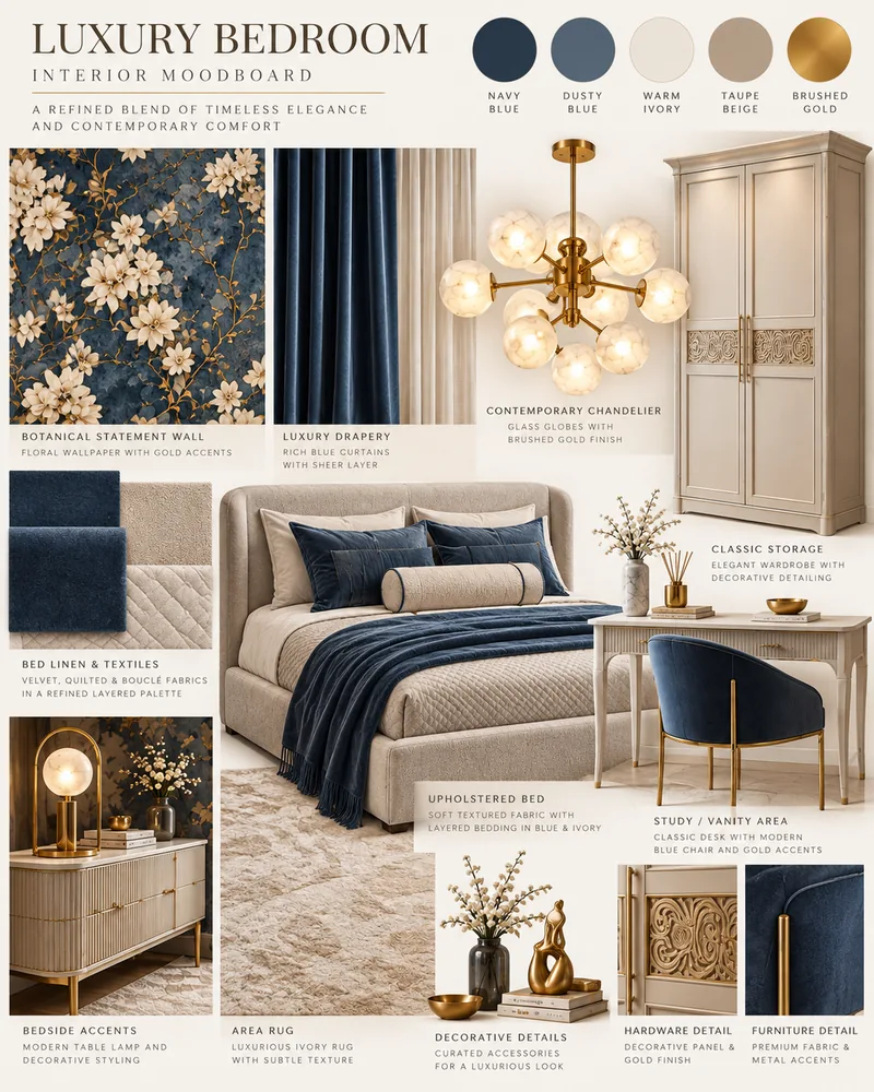 Moodboard pentru dormitor cu tapet floral bleumarin, draperii din catifea albastra, candelabru glob, dulap sculptat si birou
