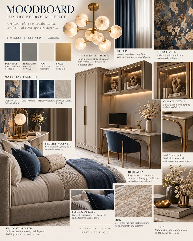 Moodboard pentru dormitor cu birou, in bleumarin si ivoire, cu tapet floral, candelabru din alabastru si vitrine luminate