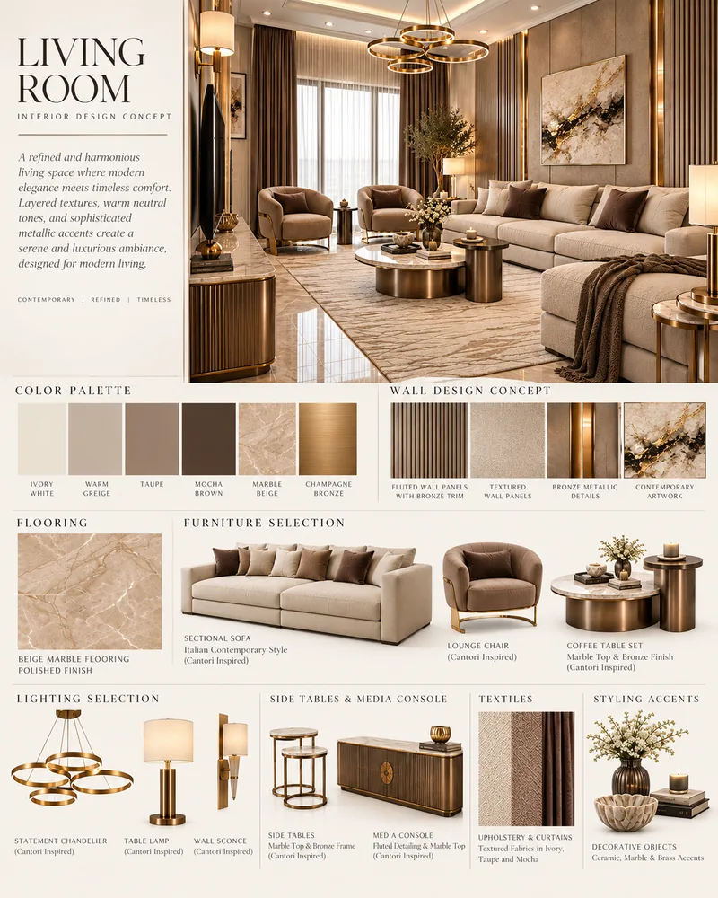 Plansa de concept pentru living cu coltar, fotoliu lounge, masute cilindrice, candelabru cu inele si mostre de materiale