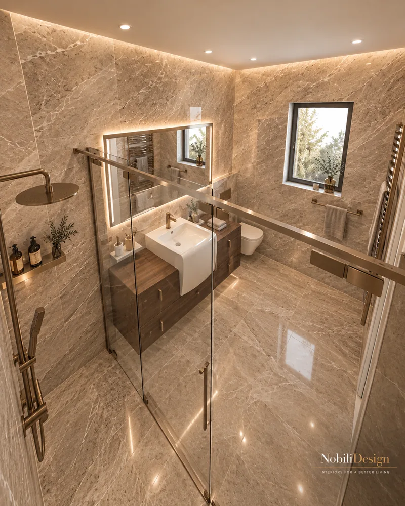 Baie la parter cu dus walk-in, baterii din alama periata, mobilier din nuc si placi taupe cu efect de piatra