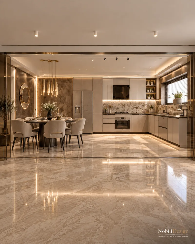 Bucatarie si dining cu masa rotunda pe picior central, pendul din sticla in cascada, oglinda rotunda si fronturi taupe