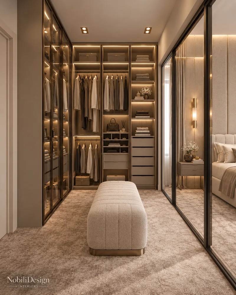 Dressing cu dulapuri cu fronturi din sticla, rafturi deschise luminate, taburet boucle si usi glisante din sticla fumurie