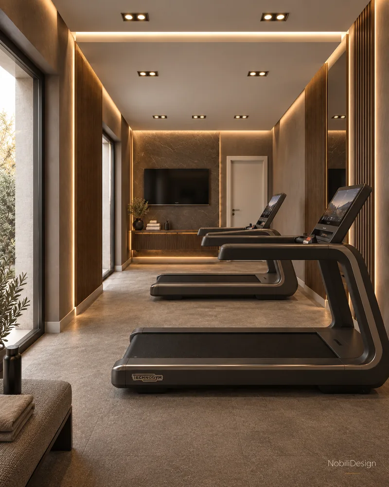 Camera de fitness cu doua benzi de alergare, pardoseala cu efect de piatra, lamele din nuc, televizor si fereastra inalta