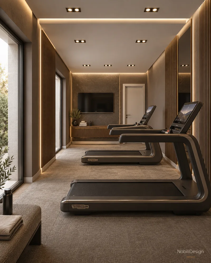 Camera de fitness cu benzi de alergare spre un perete accent din piatra cu televizor, scafe cu LED si vitraj inalt