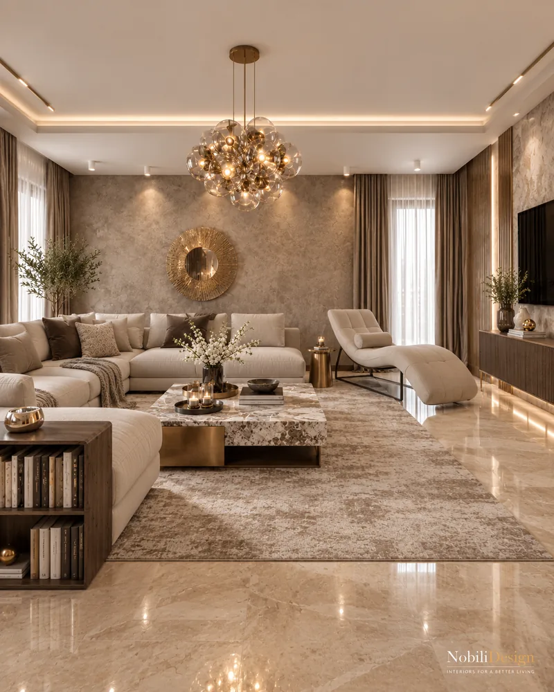 Living cu coltar crem, candelabru cu bule din sticla, oglinda in forma de soare si masuta din marmura