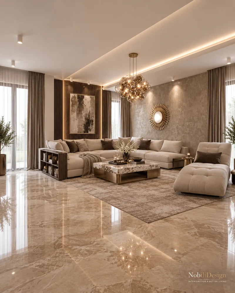 Living cu coltar crem lat, sezlong capitonat, panou din nuc riflat cu tablou si ferestre pe toata inaltimea