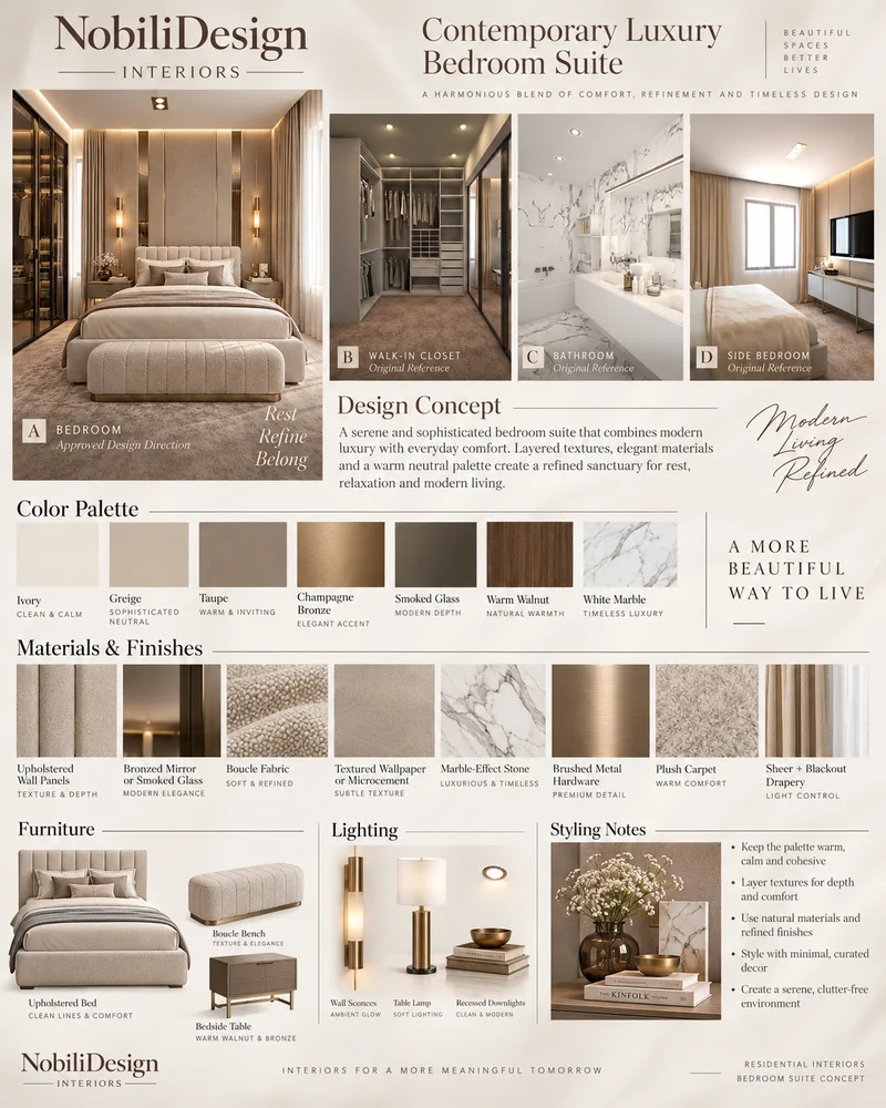 Plansa de concept pentru apartamentul matrimonial cu pat tapitat, dressing, baie din marmura si mostre de materiale