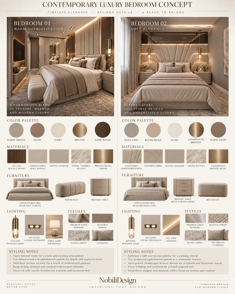 Plansa de concept pentru dormitoare cu doua variante de pat tapitat, paleta taupe si bronz si mostre de lemn si textile