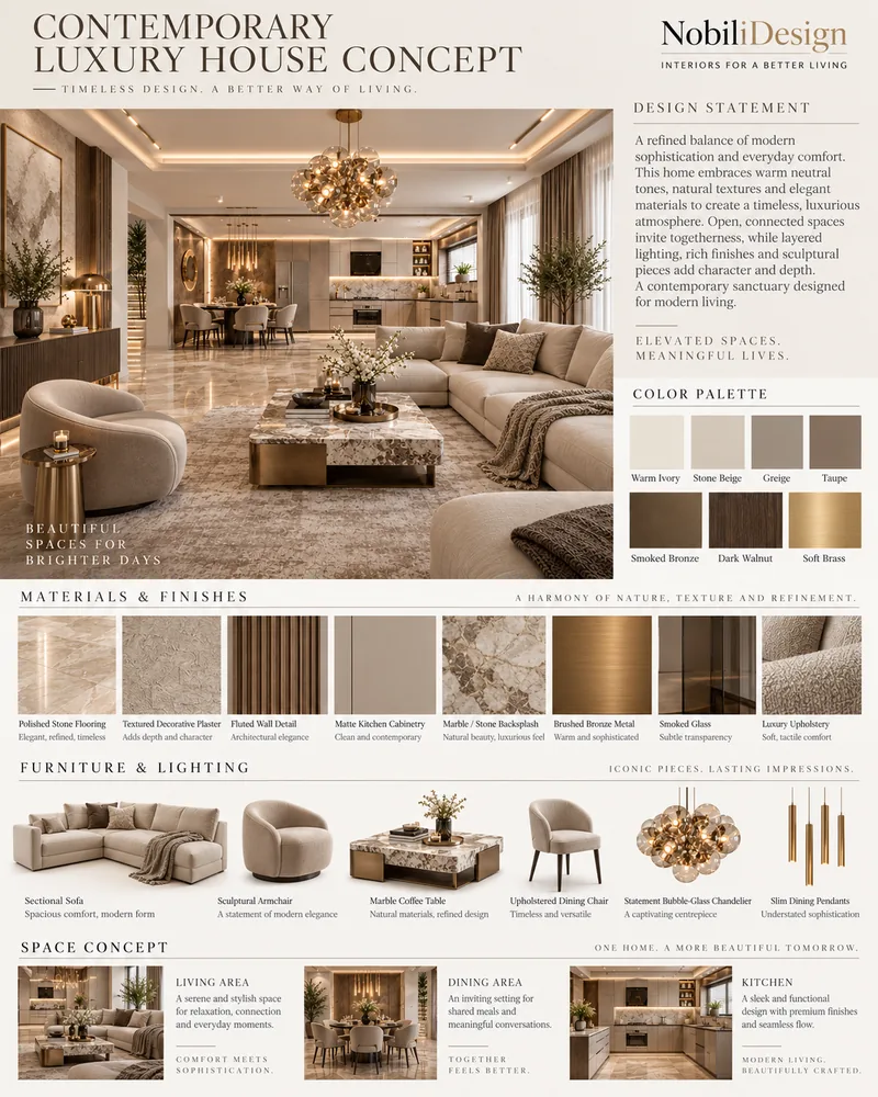 Plansa de concept pentru casa cu living, dining si bucatarie, paleta de culori, finisaje si mostre de mobilier