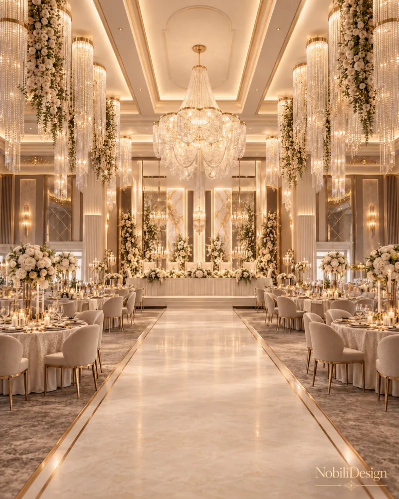 Culoar din marmura lustruita cu insertie din alama spre masa principala cu flori, sub un candelabru de cristal in etaje