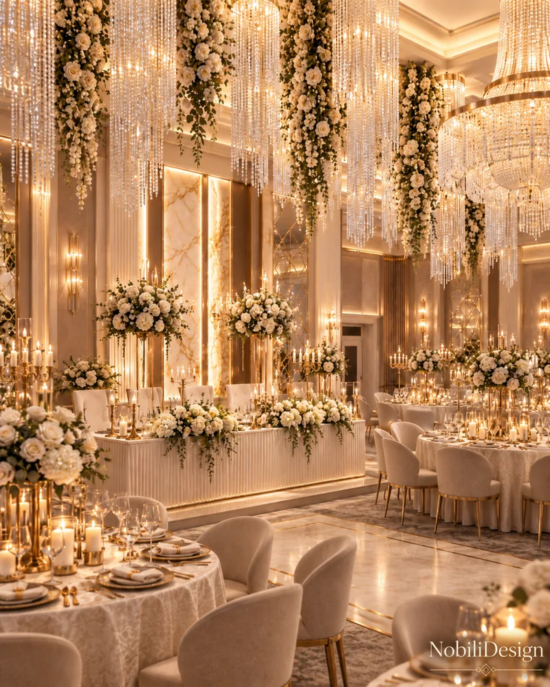 Masa principala cu front riflat acoperit cu trandafiri albi, sfesnice aurii, cascade florale si candelabre de cristal