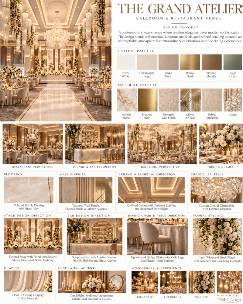 Plansa de concept pentru sala de evenimente cu culoar din marmura, candelabre de cristal, bar sculptural si scena florala