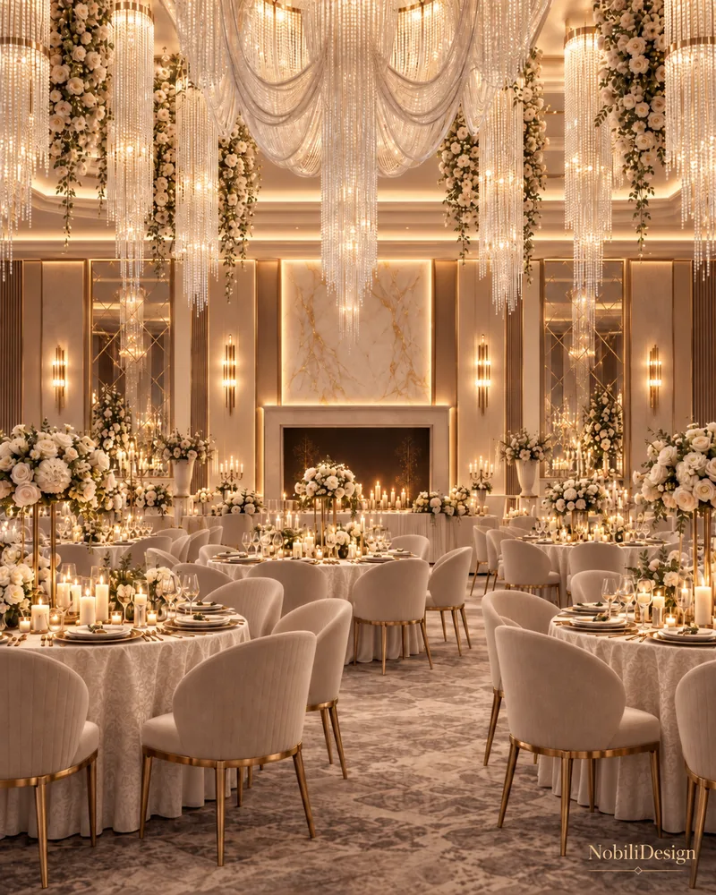 Sala de banchet cu candelabru de cristal drapat, mese cu lumanari, panou accent din marmura si sectiuni de perete cu oglinzi