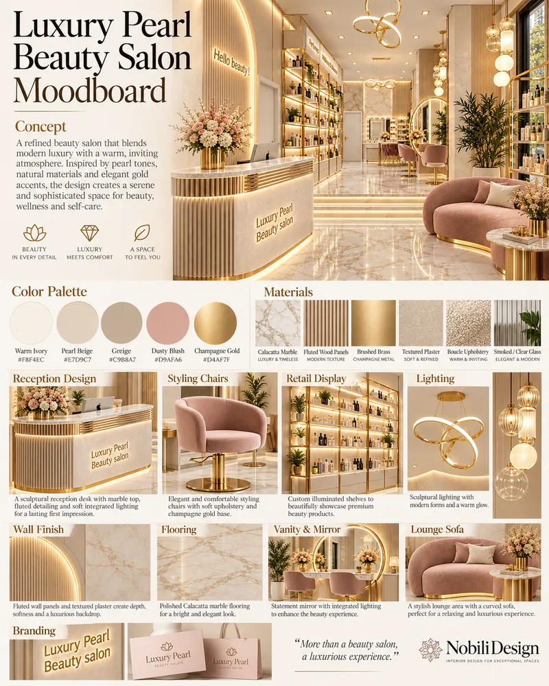 Moodboard pentru salon cu paleta roz pudrat si ivoire, receptie riflata, scaune de coafat roz si canapea curbata
