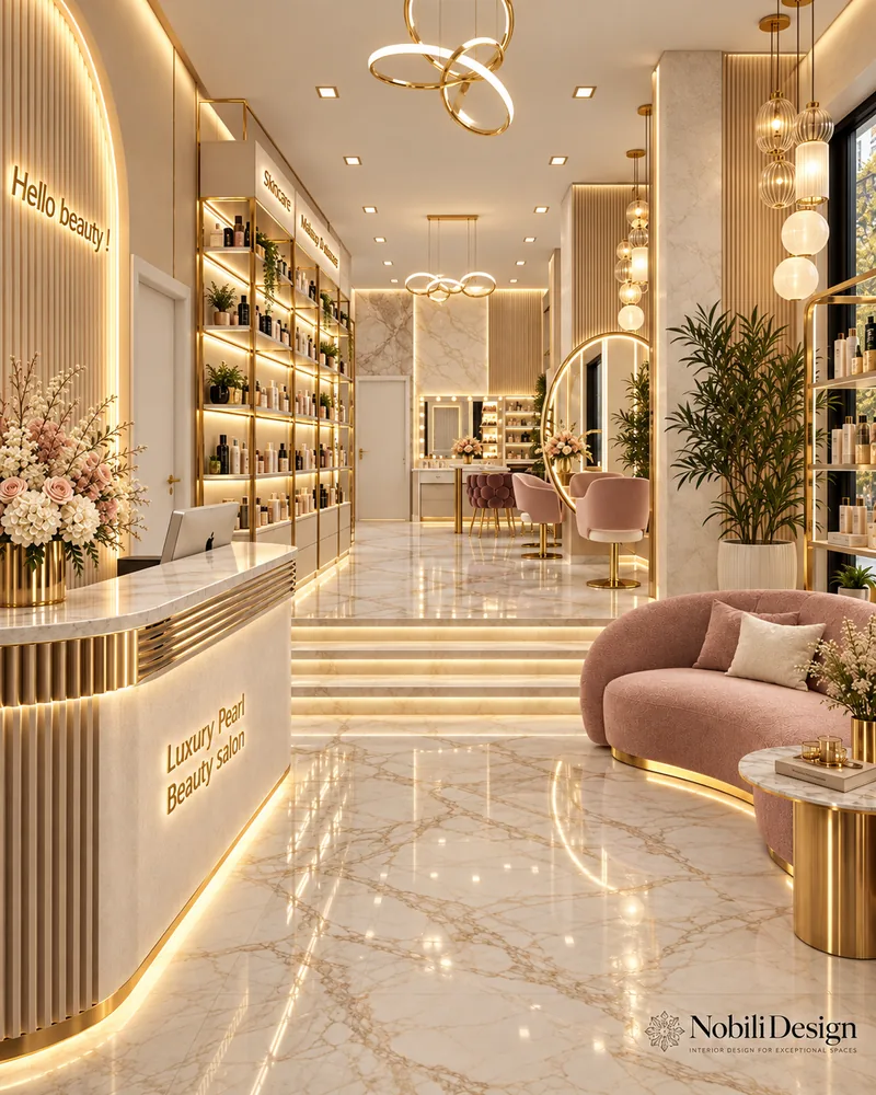 Receptie cu birou curbat riflat, rafturi de produse luminate, canapea boucle roz pudrat si trepte spre zona de coafor